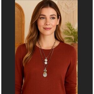 J. Jill Layered Coin Charm Necklace Silver Tone Beaded Medallion Statement NWT